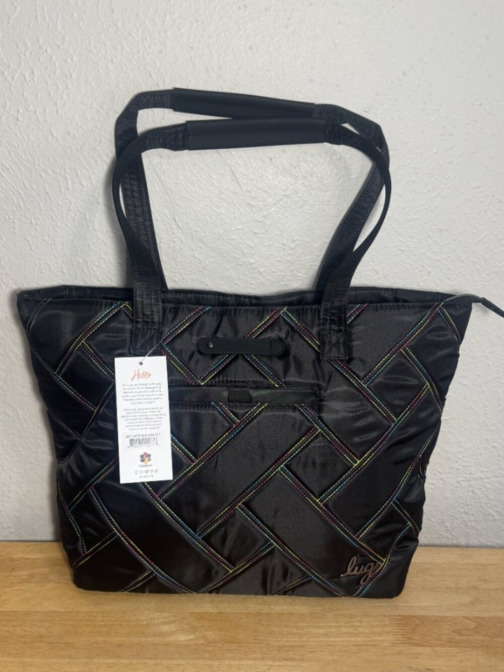 Lug Skyliner Tote Bag in Black with Rainbow Stitching NWT